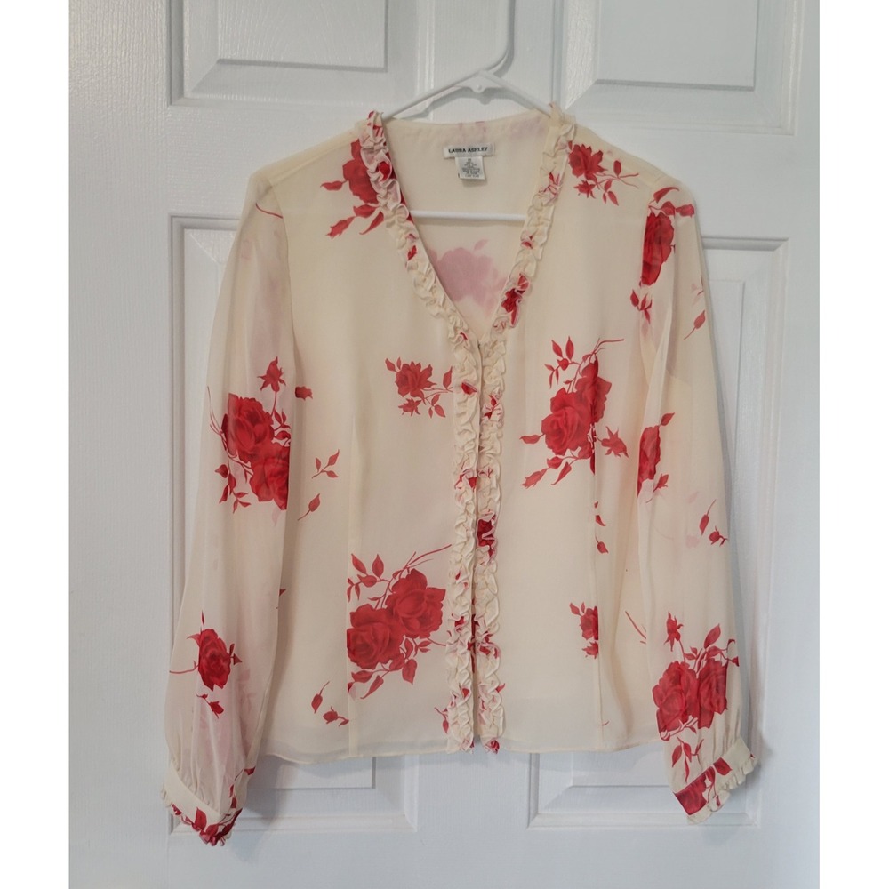 Laura Ashley 100% Silk Blouse Womens 10 Cream Red Floral‎ Ruffle Sheer Romantic